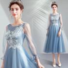 Mesh-sleeve Lace Appliqued Midi Prom Dress