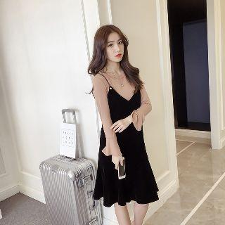 Set: Long-sleeve Knit Top + Ruffle Spaghetti Strap Dress