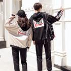 Couple Matching Striped Hooded Zip Jacket / Lettering Sweatpants