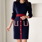 Contrast Color Long-sleeve Knit Mini Sheath Dress