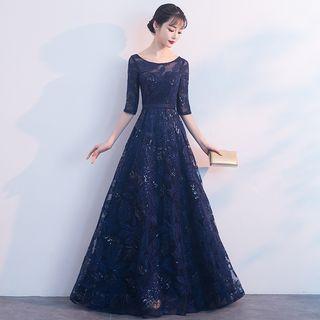 Elbow-sleeve Sequined Embroidered A-line Evening Gown