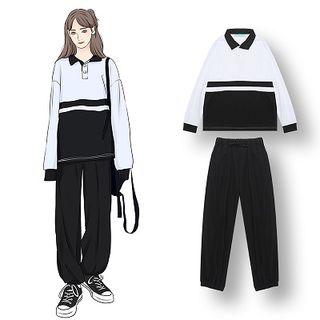 Color Block Long-sleeve Polo Shirt / Harem Pants