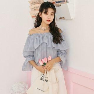 Check Off-shoulder 3/4-sleeve Top