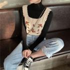 High Neck Long Sleeve Top / Flower Embroidered Vest