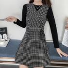 Set: Long-sleeve Knit Top + Sleeveless Plaid Mini A-line Dress