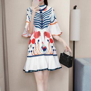 Elbow-sleeve Vintage Print A-line Frilled Dress