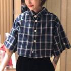 Short-sleeve Plaid Shirt Bluish Green - One Size