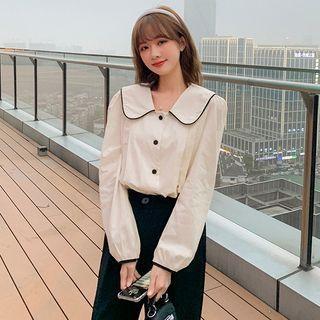 Long-sleeve Peter Pan-collar Contrast Trim Blouse