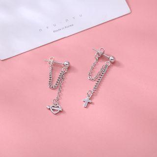 Cross & Heart Asymmetrical Sterling Silver Dangle Earring 1 Pair - Silver - One Size
