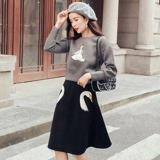 Set: Embroidered Pullover + High Waist A-line Skirt