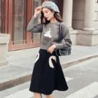 Set: Embroidered Pullover + High Waist A-line Skirt