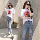 Set: Printed Short-sleeve T-shirt + Cropped Straight-cut Jeans