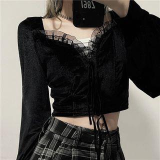 Long-sleeve Mesh Panel Velvet Crop Top