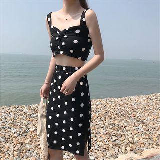 Set: Dotted Cropped Camisole Top + High Waist Straight-fit Skirt