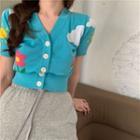 Cartoon Graphic Short-sleeve Cropped Knit Cardigan Blue - One Size