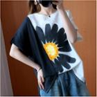 Short-sleeve Floral Print Linen T-shirt Black - One Size
