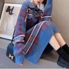 Polo-neck Plaid A-line Sweater Dress