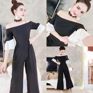 3/4-sleeve Off-shoulder Wide Leg Jumpsuit