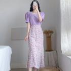 Set: Puff-sleeve Top + Floral Print Midi A-line Skirt