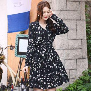 Long-sleeve Drawstring-waist Chiffon Mini Shirtdress