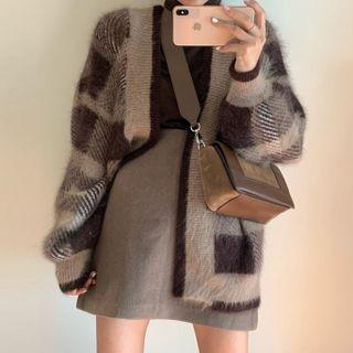 Long-sleeve Turtleneck Top / Plaid V-neck Cardigan / Mini A-line Skirt / Set