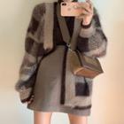 Long-sleeve Turtleneck Top / Plaid V-neck Cardigan / Mini A-line Skirt / Set