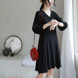 Elbow-sleeve V-neck Mini A-line Dress