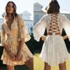 Elbow-sleeve Lace-up Back Floral A-line Dress
