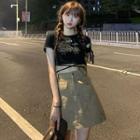 Tie-accent Cutout Printed T-shirt / High-waist Cargo Skirt