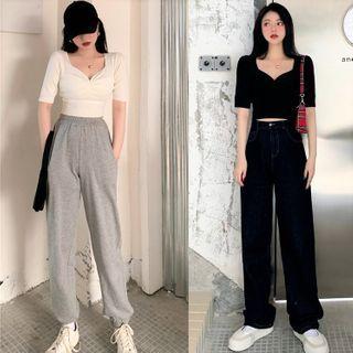 Short-sleeve Shirred Knit Top / Sweatpants / Wide Leg Jeans