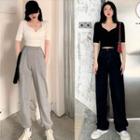 Short-sleeve Shirred Knit Top / Sweatpants / Wide Leg Jeans