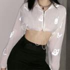 Butterfly Print Hooded Zip-up Cropped Jacket White - One Size