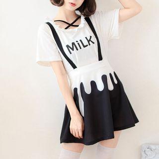 Short-sleeve Lettering T-shirt / Strappy Skirt