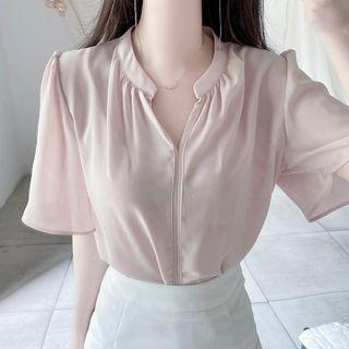 Mandarin-collar Shirred Blouse