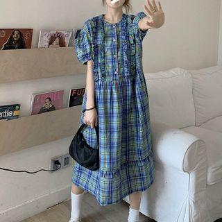 Short-sleeve Plaid Midi Dress Plaid - Blue & Green - One Size