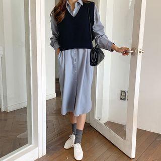 Sweater Vest / Plain Midi Shirt Dress / Set