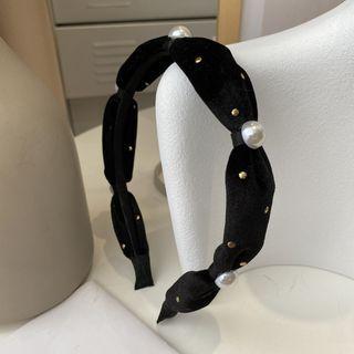 Bow Velvet Faux Pearl Headband Black - One Size