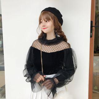 Double-layered Long-sleeved Panel Lace Mesh Top