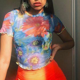 Short Sleeve Ruffled Trim Floral Printed Mesh Crop Top