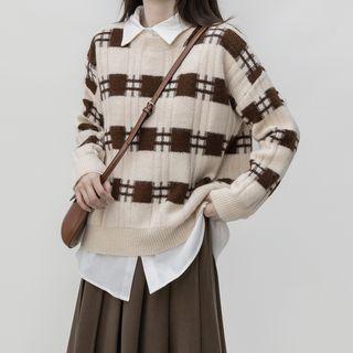 Plaid Sweater Plaid - Coffee & White - One Size