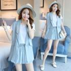 Set Of 3: Linen Vest + Short-sleeve T-shirt + Wide-leg Shorts