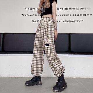 Bear Embroidered Plaid Wide-leg Pants