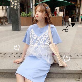 Mock Two-piece Elbow-sleeve Mesh Paneled T-shirt Dress