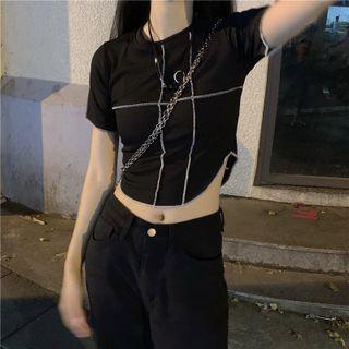 Short-sleeve Contrast Trim Cropped T-shirt Black - One Size