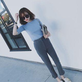 Set: Short-sleeve Knit Top + Dress Pants