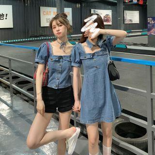 Puff-sleeve Buttoned Denim Top / A-line Mini Dress