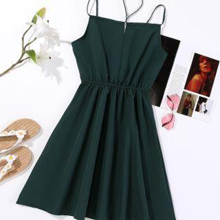 Spaghetti-strap Plain Zip-up A-line Mini Dress