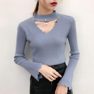 Bell-sleeve Frill Trim Cutout Knit Top