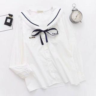 Contrast Trim Embroidered Blouse White - One Size