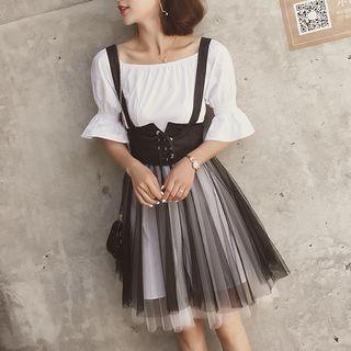Set: Plain Short Sleeve T-shirt + Suspender Mesh Skirt